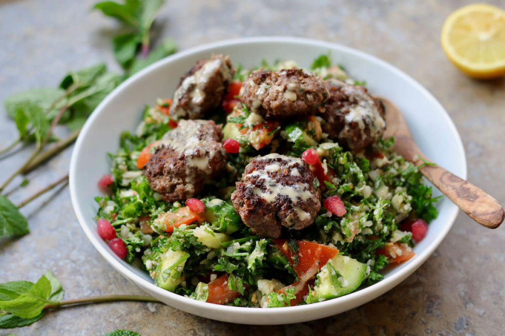 featured image for recipe on keto lamb kofta with cauliflower tabbouleh